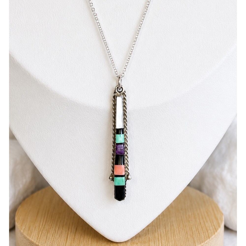 Vintage Zuni Sterling Silver Multi Stone Inlay Bar Pendant MOP Turquoise Oyster